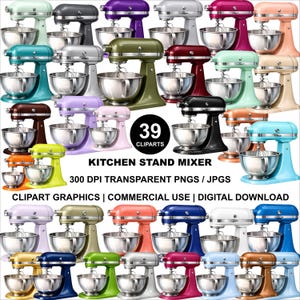 May include: A collection of 39 stand mixers in various colors, including teal, purple, and red. The image includes text that reads "KITCHEN STAND MIXER" and "CLIPART GRAPHICS | COMMERCIAL USE | DIGITAL DOWNLOAD."