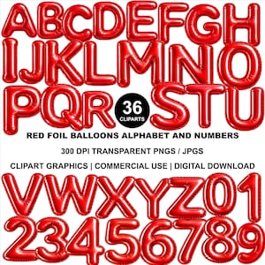 Red Foil Balloon Style Alphabet And Numbers, Red Foil Balloon Alphabet Clip Art, Alphabet, Numbers, Letters, Red Alphabet, Red Letters