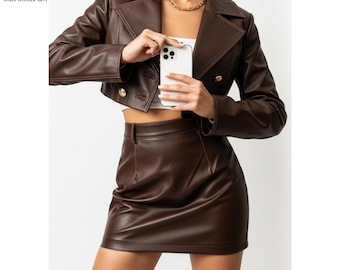 Blazer de cuero auténtico con falda para mujer / Estilo urbano de inspiración punk / Ropa alternativa para discoteca / Atuendo urbano llamativo / Moda nocturna vanguardista