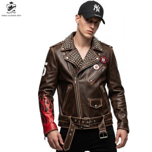 Veste patchwork en cuir véritable Homme | Style motard rétro | Mode de rue alternative | Tenue festival et vie nocturne