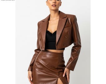 Conjunto de blazer y falda de cuero para mujer / Atuendo urbano moderno / Moda para salir de noche / Look urbano ideal para festivales / Conjunto de dos piezas que marca tendencia