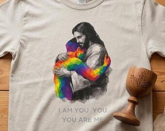 Camiseta con estampado de Jesús Arcoíris Abrazo / Camiseta con el orgullo de Cristo Compasivo, 100% algodón