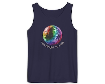 Camiseta sin mangas "Demasiado brillante para esconder" / Ropa con diseño de bola de discoteca arcoíris