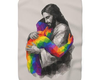 Manta polar Sherpa Rainbow Embrace / Abrazo de Jesús Orgullo LGBTQ