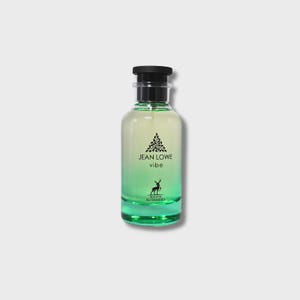May include: A perfume bottle with a black cap and a clear glass body. The bottle features a colour gradient from yellow to green. The label reads "JEAN LOWE vibe" with a tree and deer logo. The brand name "MAISON ALHAMBRA" is also visible.