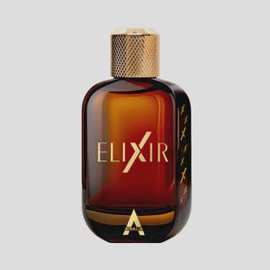 May include: A brown glass perfume bottle with a gold cap and the word "ELIXIR" in gold lettering. The bottle has a dark amber hue and a gold base with the word "ATRALIA" below. Gold cross-shaped accents adorn the sides.