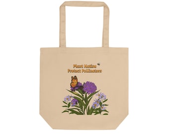 Pollinator Garden Illustration Eco Tote Bag | Monarch Butterfly & Purple Flowers