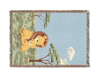 Lion Father and Cub Embrace Woven Blanket | African Savanna Animal Throw