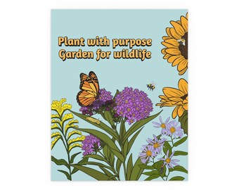 Native Garden Wildlife Poster | Botanical Silk Print, Monarch Butterfly, Bee Illustration