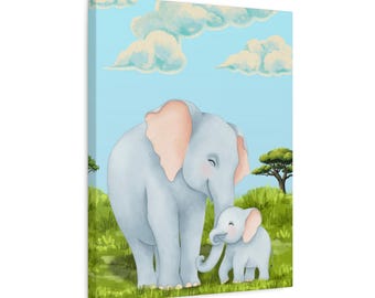 Mama and Baby Elephant Canvas | Nursery Wall Art, Stretched Matte Canvas