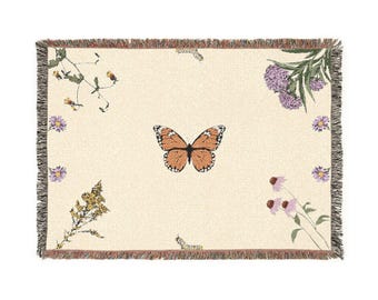 Monarch Butterfly Floral Woven Blanket | Tapestry Throw