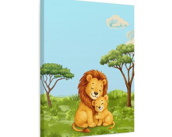 Lion Parent and Cub Canvas | Nursery Wall Art, Matte Stretched Canvas