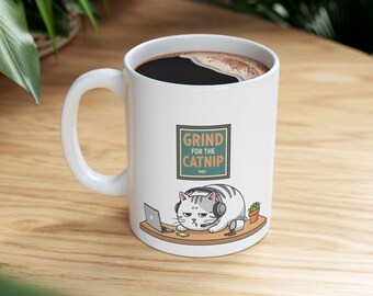 Grind for the Catnip Mug | Exhausted Tabby Cat Office Coffee Cup