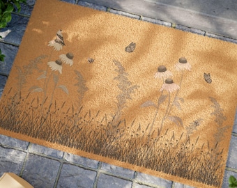 Wildflower Butterfly Doormat | Coir Welcome Mat, Garden Floral Porch Rug