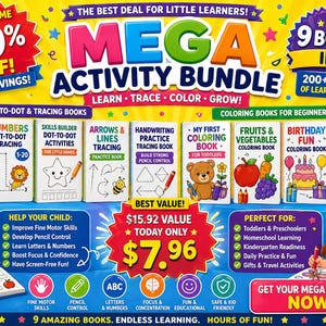 Pode incluir: Um Mega Activity Bundle contendo nove livros educativos para crianças, incluindo cadernos de alfabeto, números e traçado. O gráfico promocional amarelo brilhante exibe textos como 50% OFF, 9 BOOKS IN 1 e ages 3-6, junto com ilustrações de crianças usando os livros.