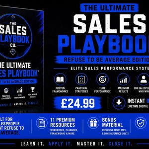 May include: A digital product box titled The Ultimate Sales Playbook Refuse To Be Average Edition. The design features bold blue and black colours with icons for frameworks, strategies, and performance. Text includes Learn It, Apply It, Master It, Close It.