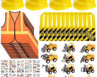 Set de disfraces de construcción de 58 piezas: sombreros, chalecos, bolsos, minicamiones y tatuajes
