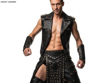 Conjunto de Kilt e Colete de Couro Masculino | Moda Rebelde Punk das Terras Altas | Roupa Industrial para Rave | Vestuário Ousado para a Noite | Presente para Ele
