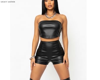 Top palabra de honor de cuero para mujer / Atuendo elegante para salir de noche / Conjunto atrevido para discotecas y festivales / Moda urbana vanguardista / Regalo para ella