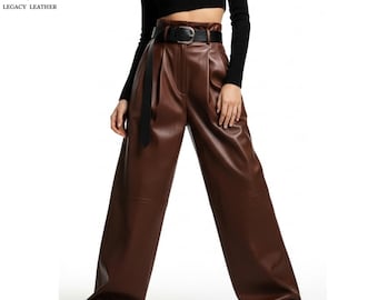 Calça feminina de couro marrom com modelagem relaxada | Estilo streetcore Y2K | Look moderno para a noite e festas | Conjunto ousado para festivais | Presente para ela