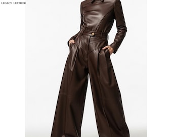 Pantalones anchos de cuero para mujer / Conjunto gótico para festivales / Elegante atuendo para salir de noche / Moda urbana que marca tendencia / Regalo para ella