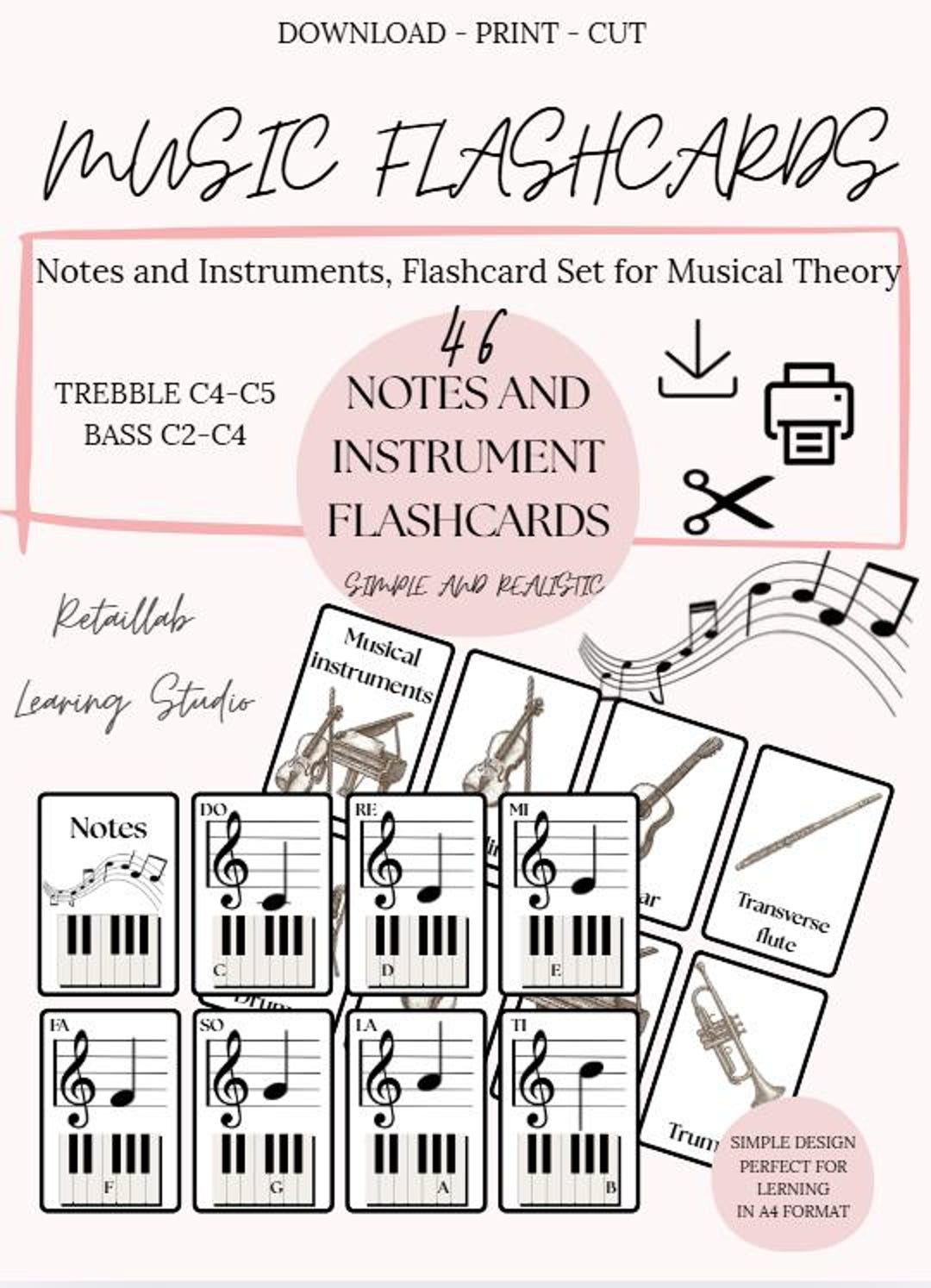 Music Flashcards: Notes, Instruments, Treble & Bass Clef (digital ...