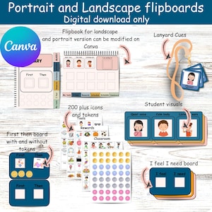 May include: Digital download of portrait and landscape flipboards. Includes a flipbook, lanyard cues, student visuals, and a "First Then" board with and without tokens. The image also shows 200+ icons and tokens for rewards and classroom use.