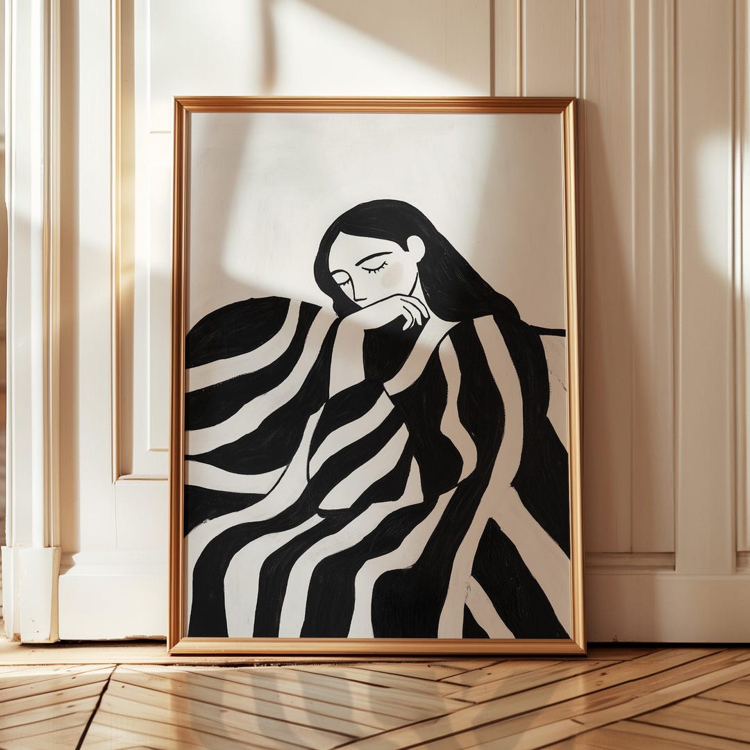 Minimalist Woman Art Print: Black & White Abstract Striped Portrait ...