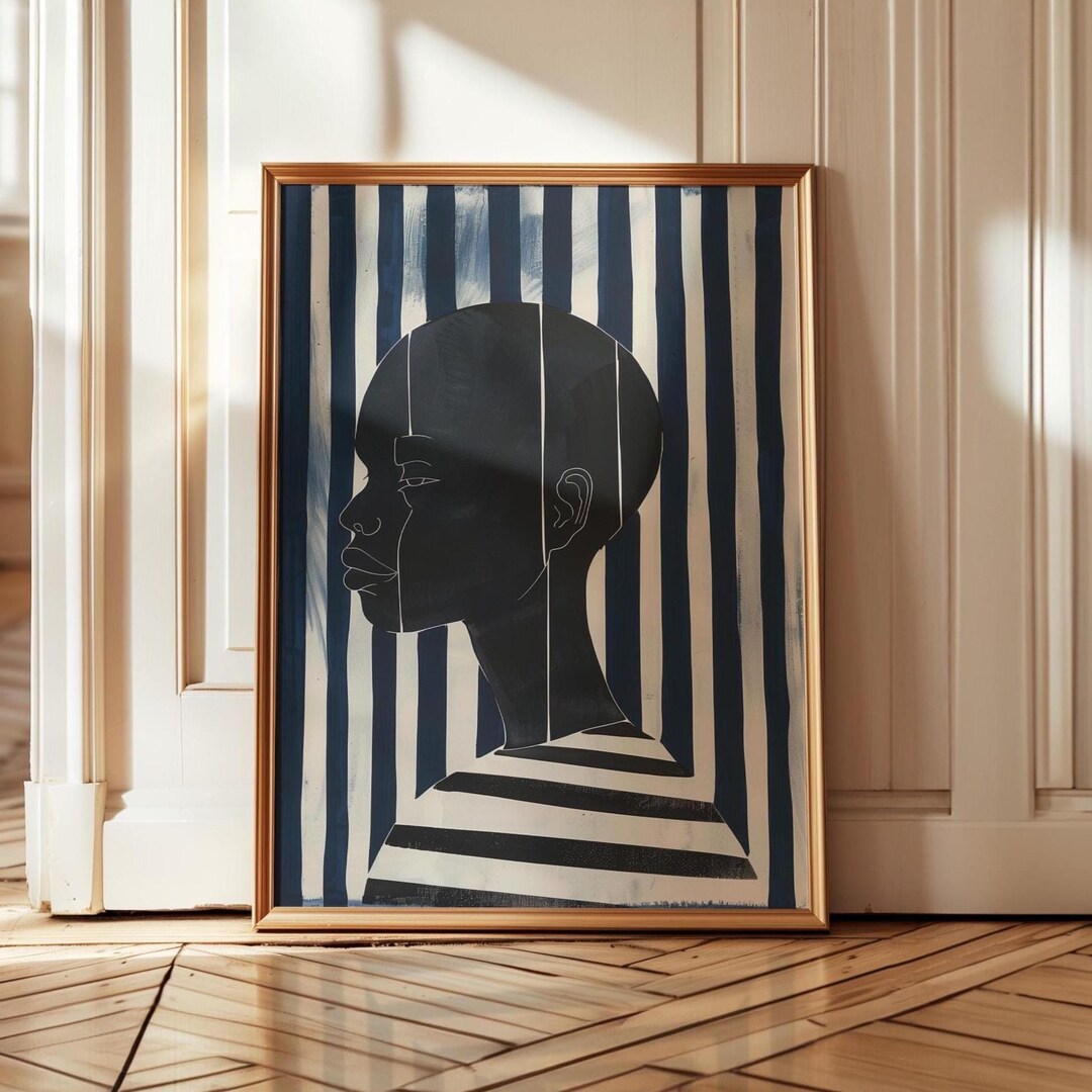 Abstract Black Woman Portrait Wall Art Minimalist Blue Striped Modern ...