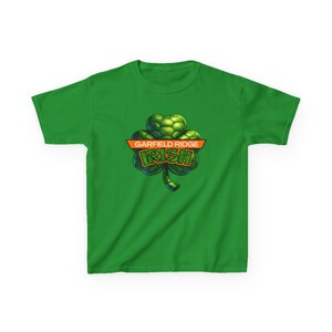May include: A green t-shirt with a shamrock design and the text "GARFIELD RIDGE IRISH". The shamrock is green with a three-leaf clover design. The shirt is a solid green colour.