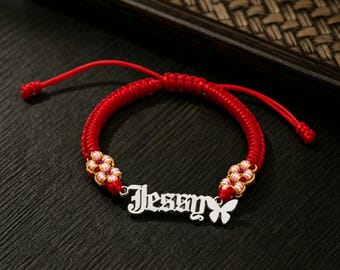 Custom Name Macrame Bracelet, Personalized Red String Bracelet, Adjustable Cord Jewelry, Flower Bead Gift for Women Men, Couple Gift Her Him