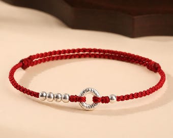 Pulsera de cordón negro hecha a mano con anillo karma de plata esterlina, joyería minimalista de protección para hombres y mujeres, pulsera de seda trenzada ajustable.