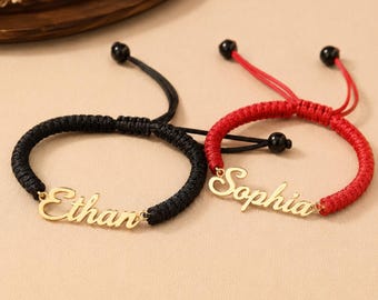 Pulsera de pareja con cuentas de alfabeto personalizadas, pulsera de cuerda ajustable estilo retro coreano, joyería con iniciales personalizadas, regalo para estudiantes para él y para ella.
