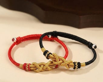 Pulsera hecha a mano de hilo rojo, pulsera de nudo infinito dorado del caballo, joyería de la suerte, amuleto de protección, regalo para parejas, brazalete ajustable
