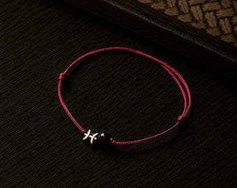 Astrology Sign Bracelet, 925 Silver Zodiac Charm, Adjustable Red Black Cord, Obsidian Bead Birthday Gift for Her