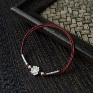 Adjustable Red String Lotus Bracelet, Silver Tone Flower Charm Cord Bracelet, Minimal Asian Inspired Gift for Her