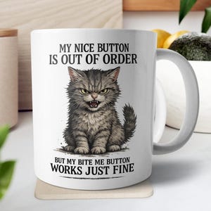 Grumpy Cat Mug, Sarcastic Kitten Coffee Cup, Nice Button Out of Order Birthday Present