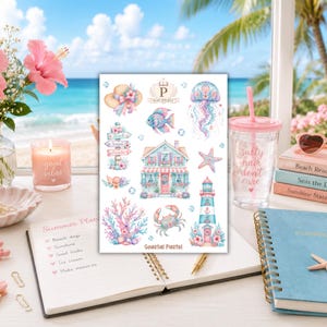 May include: A collection of pastel coastal-themed stickers featuring illustrations of a house, lighthouse, fish, jellyfish, and starfish. The stickers are on a white background with the text "Coastal Pastel". A pink tumbler with the text "salty hair don't care" is also visible.