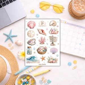 May include: A sheet of sea shell stickers with various designs, including a pink scallop shell, a nautilus shell, and coral. The stickers are arranged on a white surface with other beach-themed items, such as a straw hat and sunglasses.