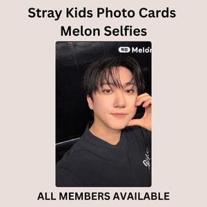 May include: A rectangular Stray Kids photo card featuring a selfie of a person with dark hair wearing a black shirt. The image includes the text Stray Kids Photo Cards, Melon Selfies, and ALL MEMBERS AVAILABLE with a Melon logo.