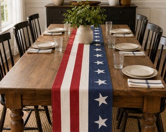 American Flag Table Runner, Patriotic Stars and Stripes Dining Table Decor, 4th of July Table Runner, Farmhouse USA Table Decor, 250th USA