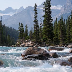 May include: A scenic landscape featuring a turquoise river flowing over large rocks. Tall evergreen trees line the riverbanks, with snow-capped mountains in the background under a clear sky. The water's movement creates a sense of motion.