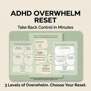 May include: A light green graphic with the text "ADHD OVERWHELM RESET" and "Take Back Control in Minutes." The graphic includes three levels of overwhelm with prompts for managing stress and anxiety. The text "3 Levels of Overwhelm. Choose Your Reset" is at the bottom.
