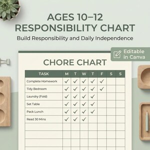 Tableau des responsabilités hebdomadaires pour les enfants âgés de 10 à 12 ans | Système de routine calme | Modifiable Imprimable | Engagements quotidiens et hebdomadaires