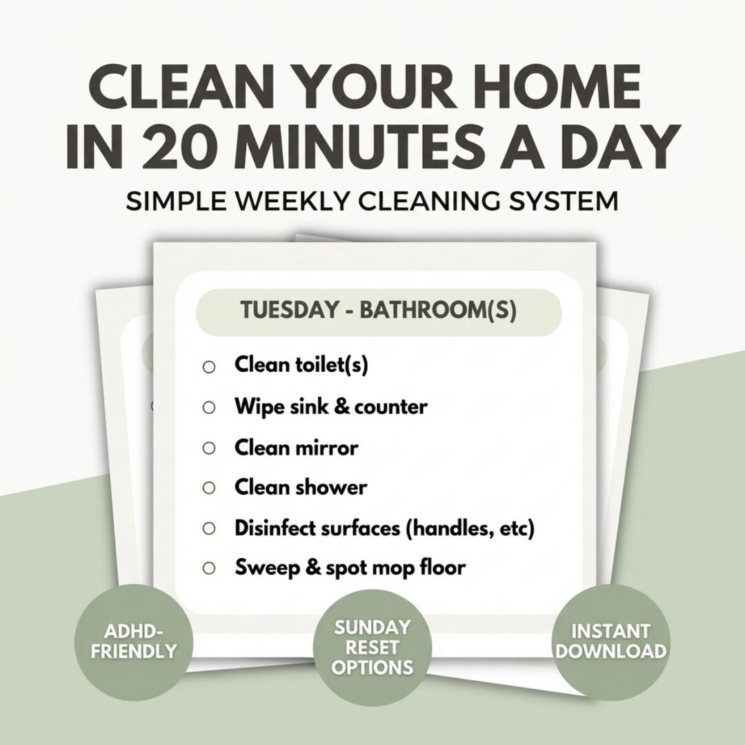 ADHD Cleaning Checklist Printable, Weekly Cleaning Schedule, 20 Minute ...