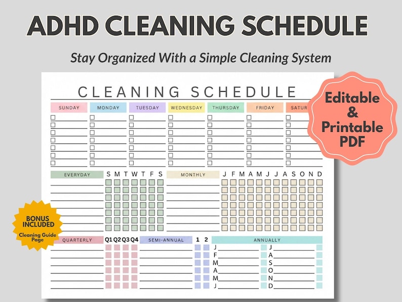 ADHD Cleaning Schedule Printable | Editable Cleaning Checklist PDF ...