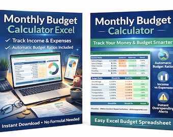 Calculadora de presupuesto mensual en Excel / Seguimiento de ingresos y gastos (Descarga digital)