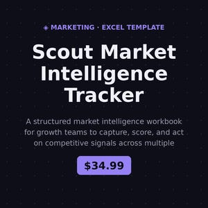 May include: A dark blue digital marketing Excel template titled Scout Market Intelligence Tracker. The text includes Professional Tier, Marketing Excel Template, and a description of a structured market intelligence workbook for growth teams.