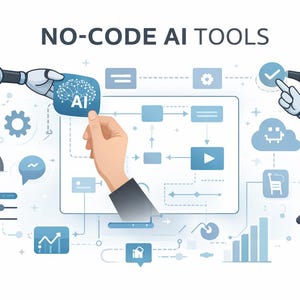 K&ouml;nnte beinhalten: Illustration, die f&uuml;r "NO-CODE AI TOOLS" wirbt. Eine menschliche Hand und ein Roboterarm halten ein blaues KI-Symbol. Das Bild zeigt ein Netzwerkdiagramm mit Symbolen, die verschiedene KI-Funktionen darstellen, in Blau- und Wei&szlig;t&ouml;nen.