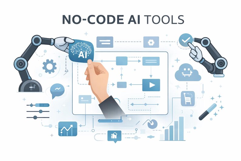 K&ouml;nnte beinhalten: Illustration, die f&uuml;r "NO-CODE AI TOOLS" wirbt. Eine menschliche Hand und ein Roboterarm halten ein blaues KI-Symbol. Das Bild zeigt ein Netzwerkdiagramm mit Symbolen, die verschiedene KI-Funktionen darstellen, in Blau- und Wei&szlig;t&ouml;nen.